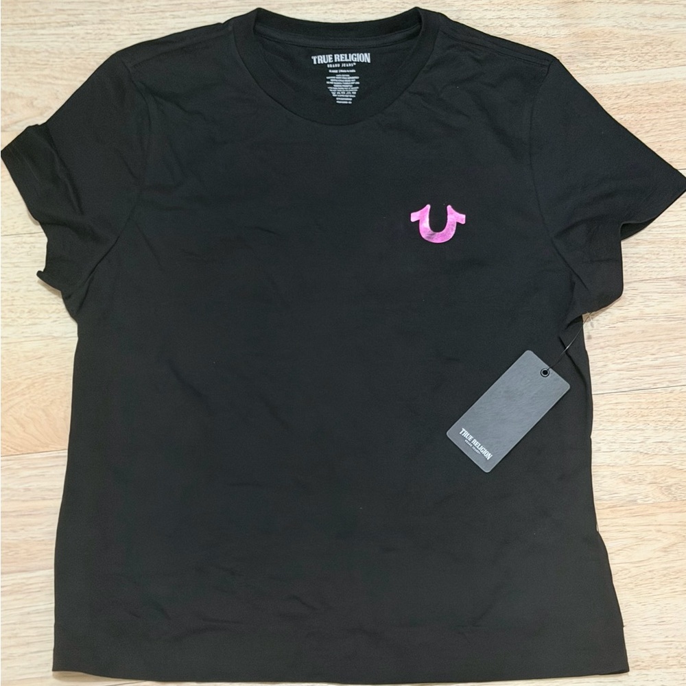 True Religion Black Tee with Pink Horseshoe Chest Logo